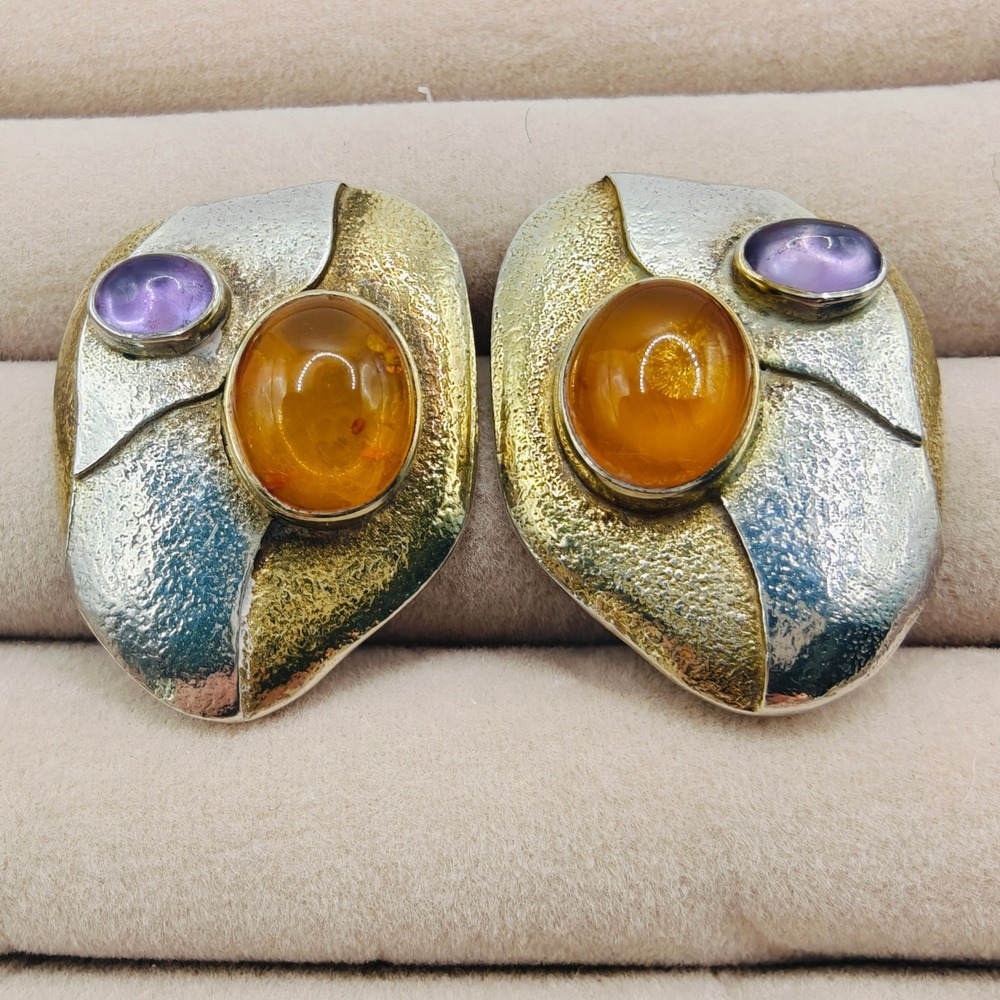 Vintage Sterling Silver Baltic Amber Amethyst Modernist Artisan Post Earrings